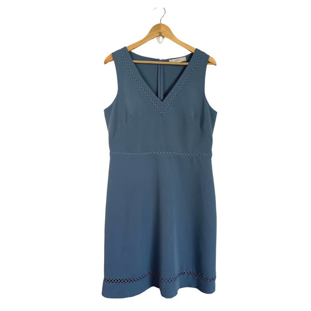 Loft Sleeveless A Line Dusty Blue V Neck Dress Womens 12 Embroidered Details